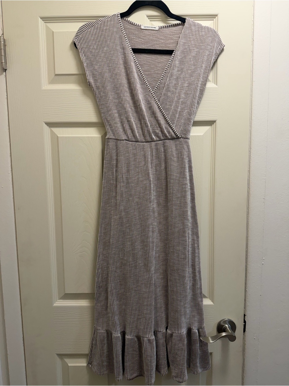 Caution To The Wind Taupe Ribbed Wrap Midi Dress - Picture 2 of 7